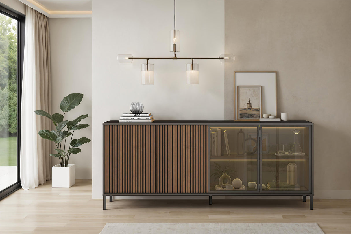 Bellagio 4 Door 200cm Ridged Sideboard with Glass Doors – Grey and Mercure Oak - FurniComp