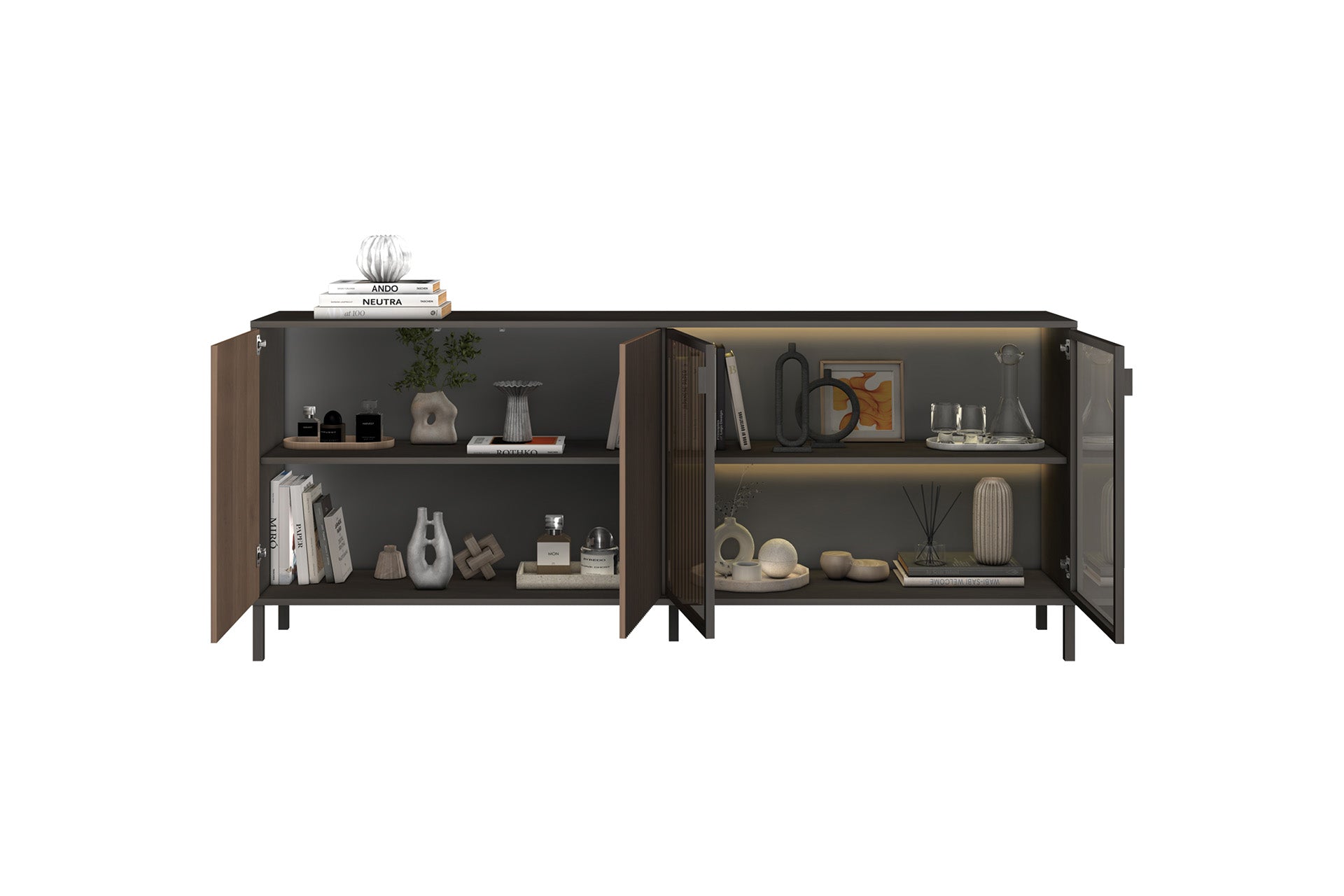 Bellagio 4 Door 200cm Ridged Sideboard with Glass Doors – Grey and Mercure Oak - FurniComp
