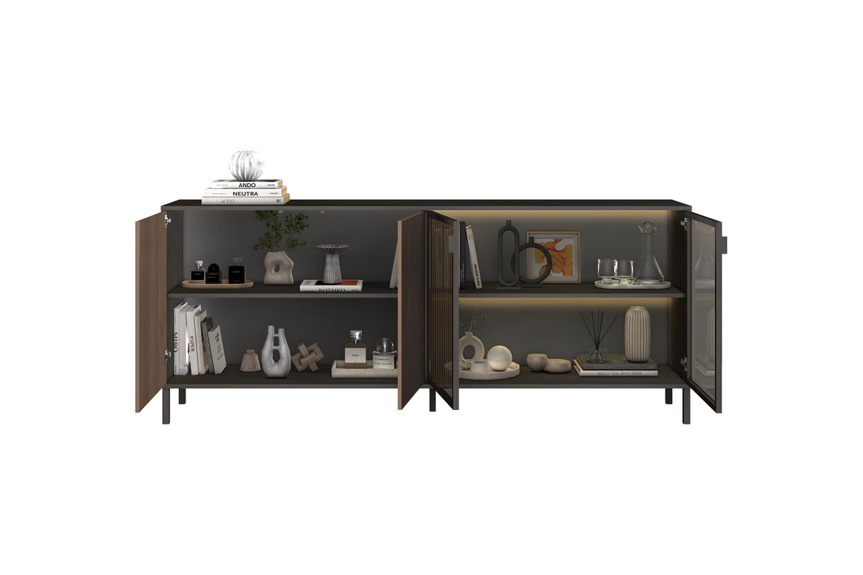 Bellagio 4 Door 200cm Ridged Sideboard with Glass Doors – Grey and Mercure Oak - FurniComp