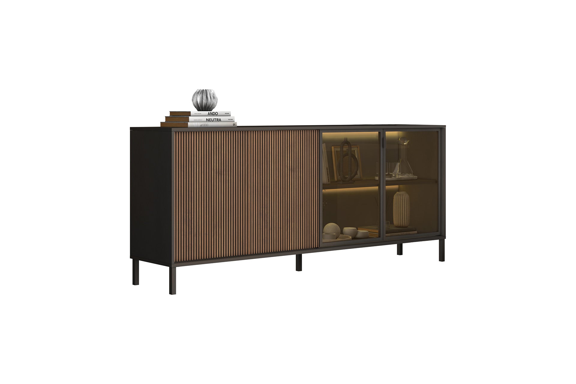 Bellagio 4 Door 200cm Ridged Sideboard with Glass Doors – Grey and Mercure Oak - FurniComp