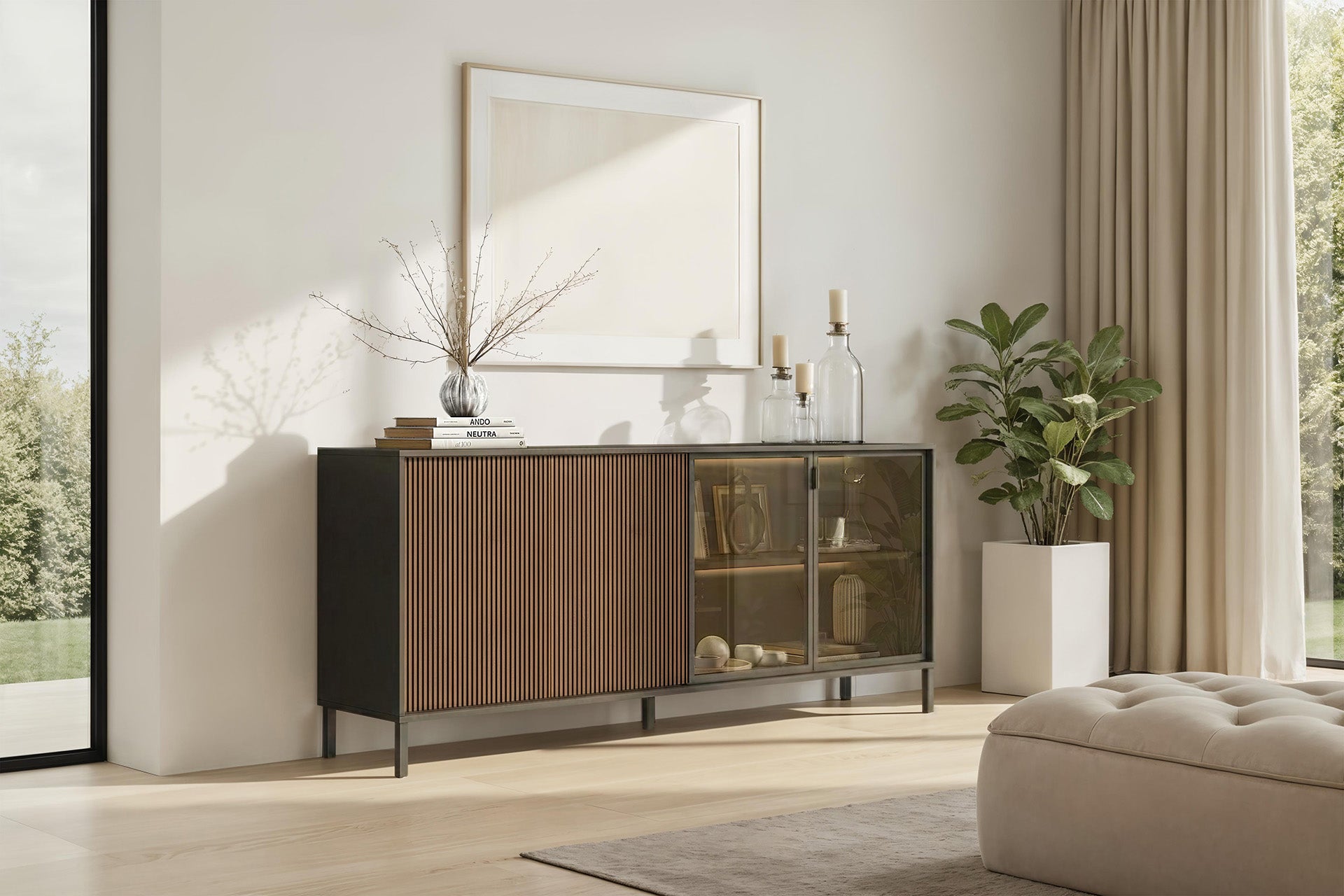 Bellagio 4 Door 200cm Ridged Sideboard with Glass Doors – Grey and Mercure Oak - FurniComp