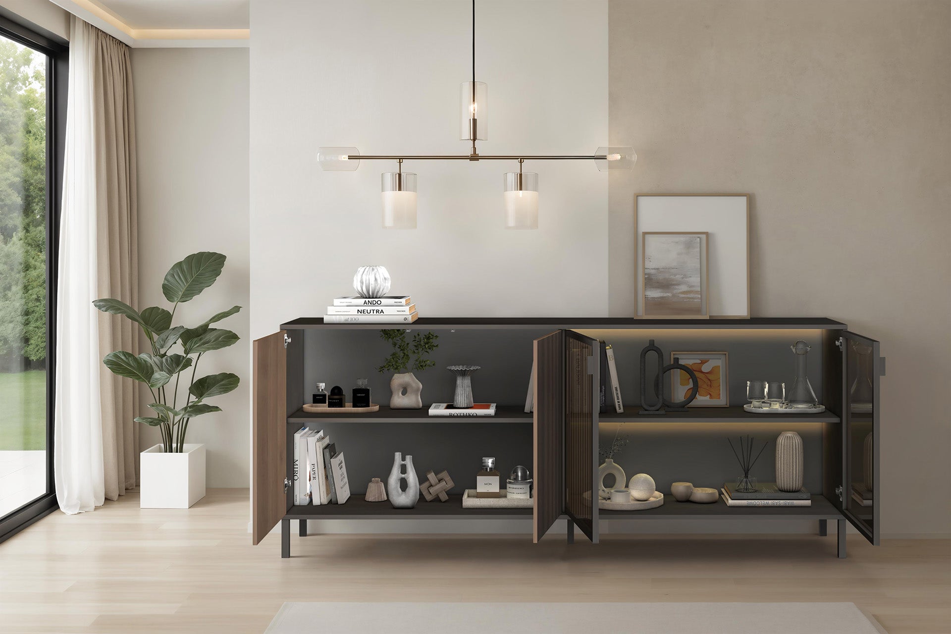 Bellagio 4 Door 200cm Ridged Sideboard with Glass Doors – Grey and Mercure Oak - FurniComp