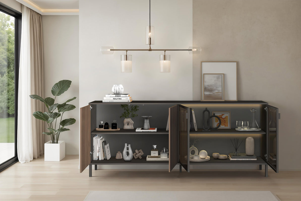 Bellagio 4 Door 200cm Ridged Sideboard with Glass Doors – Grey and Mercure Oak - FurniComp