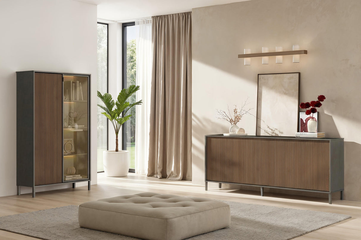 Bellagio 4 Door 200cm Ridged Sideboard – Grey and Mercure Oak - FurniComp