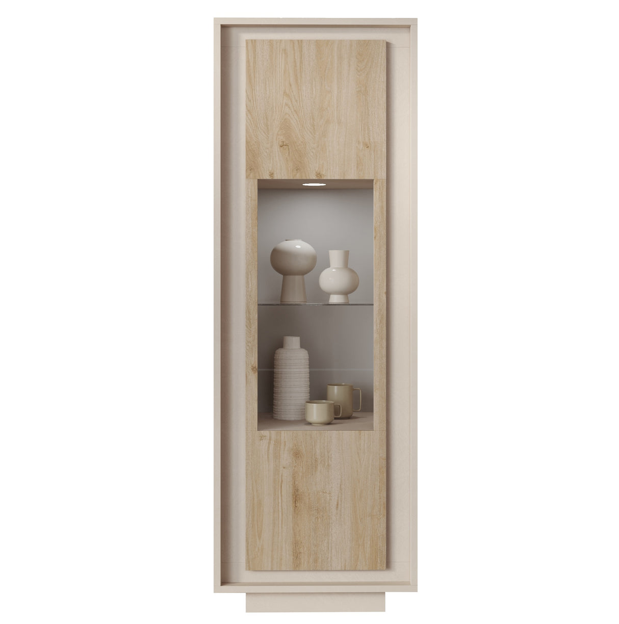 Berlin 1 Door 67cm Cashmere and Cadiz Oak Glass Display Cabinet - FurniComp