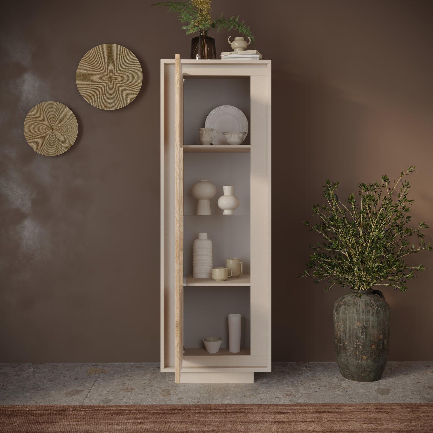 Berlin 1 Door 67cm Cashmere and Cadiz Oak Glass Display Cabinet - FurniComp