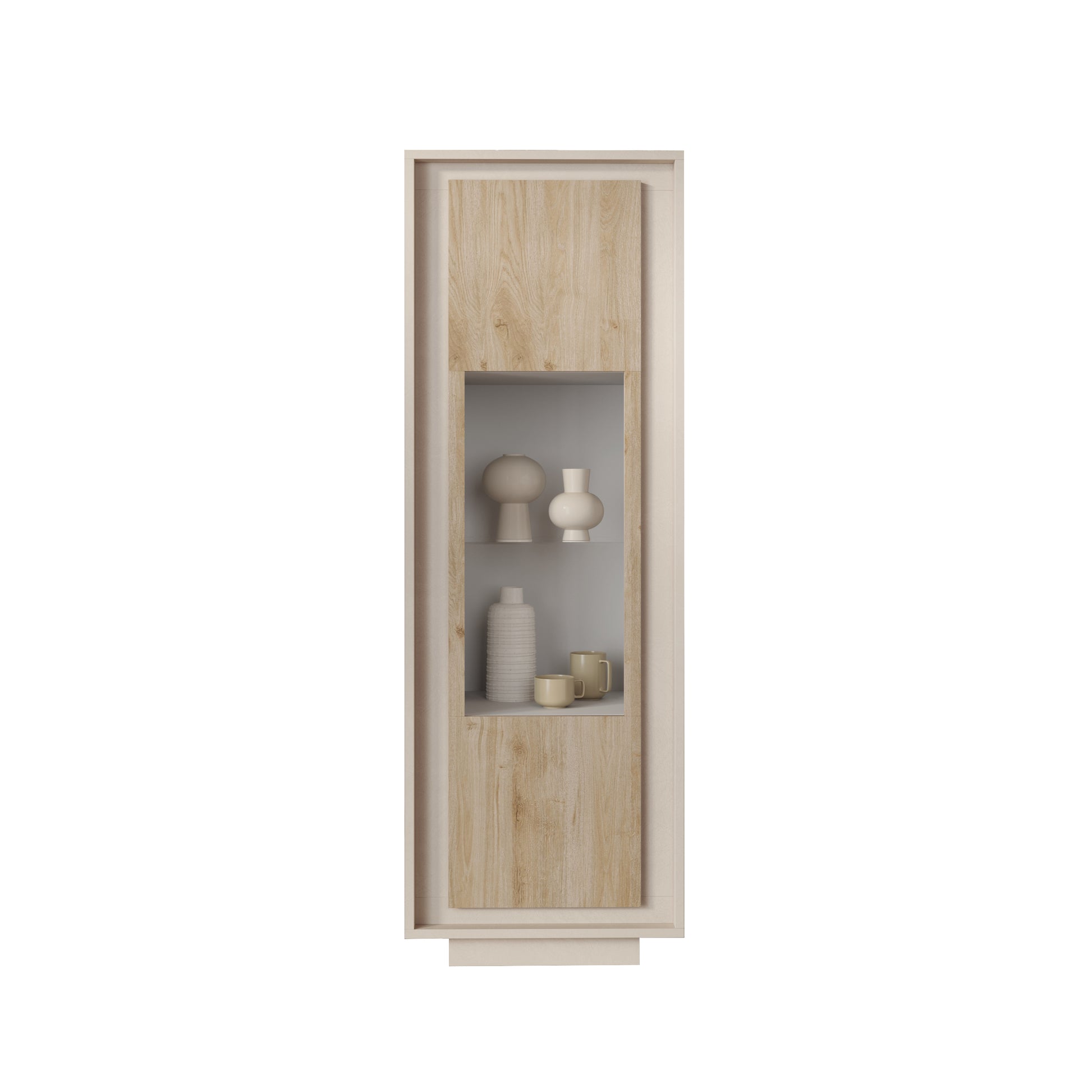 Berlin 1 Door 67cm Cashmere and Cadiz Oak Glass Display Cabinet - FurniComp