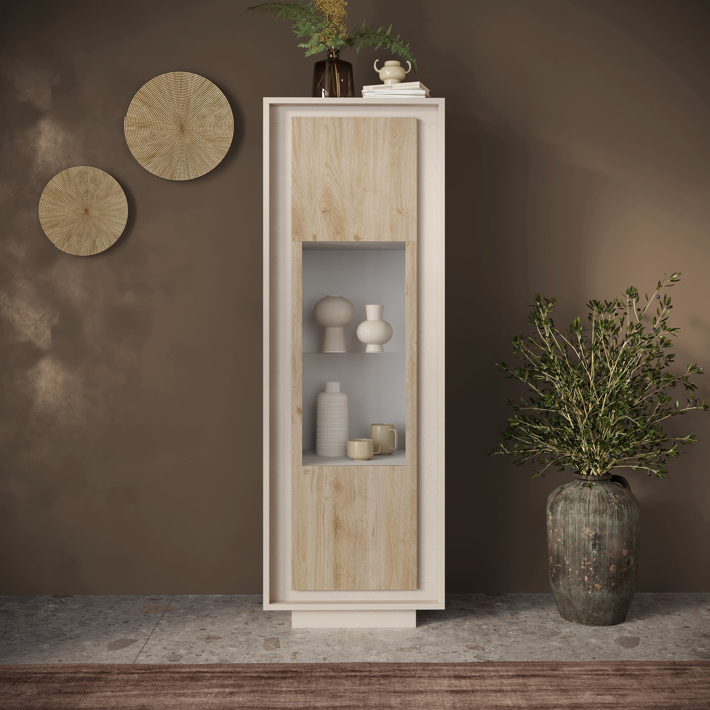 Berlin 1 Door 67cm Cashmere and Cadiz Oak Glass Display Cabinet - FurniComp