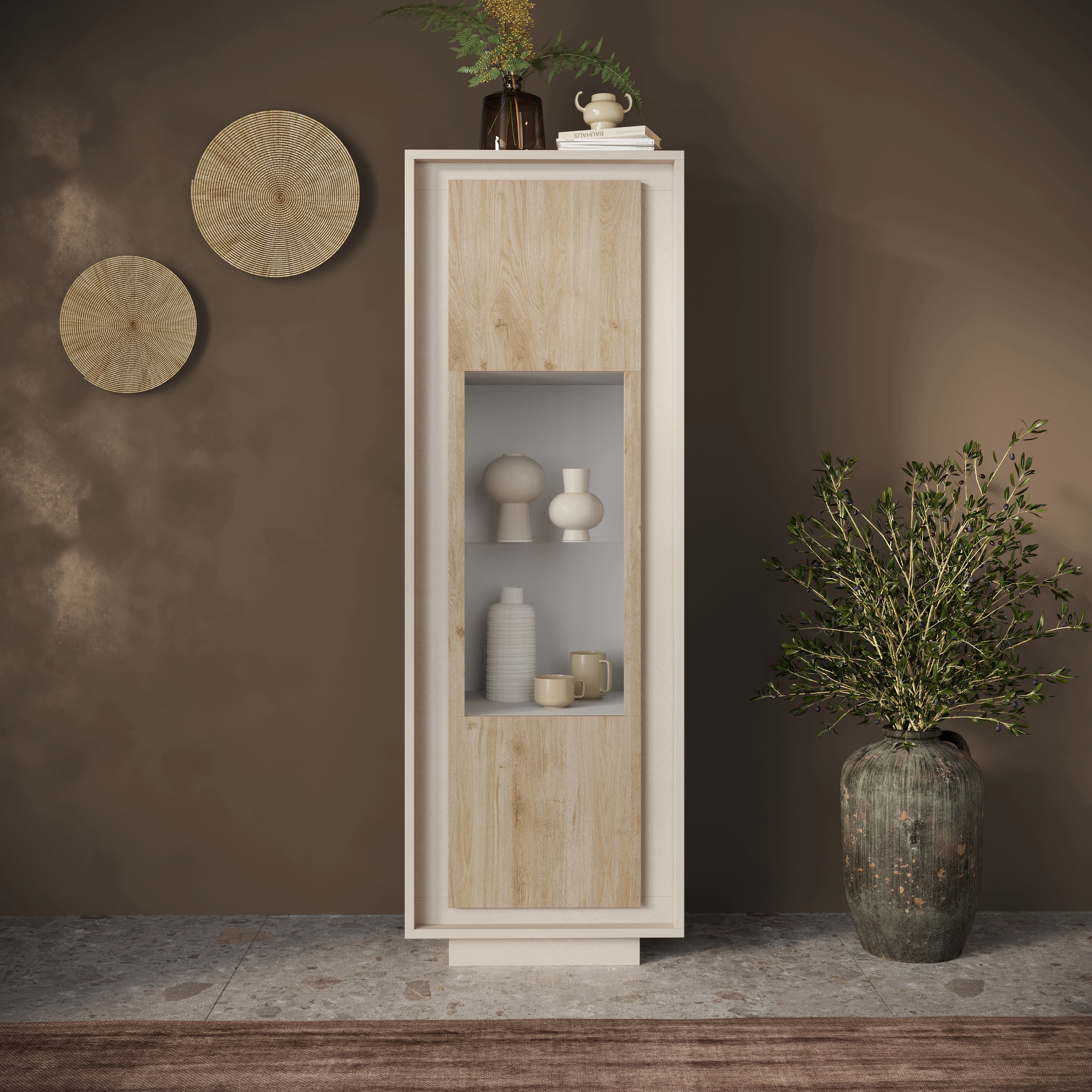 Berlin 1 Door 67cm Cashmere and Cadiz Oak Glass Display Cabinet - FurniComp