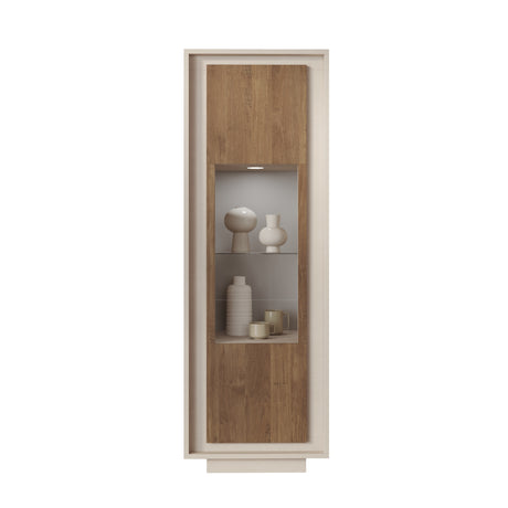 Berlin 1 Door 67cm Cashmere and Mercure Oak Glass Display Cabinet - FurniComp