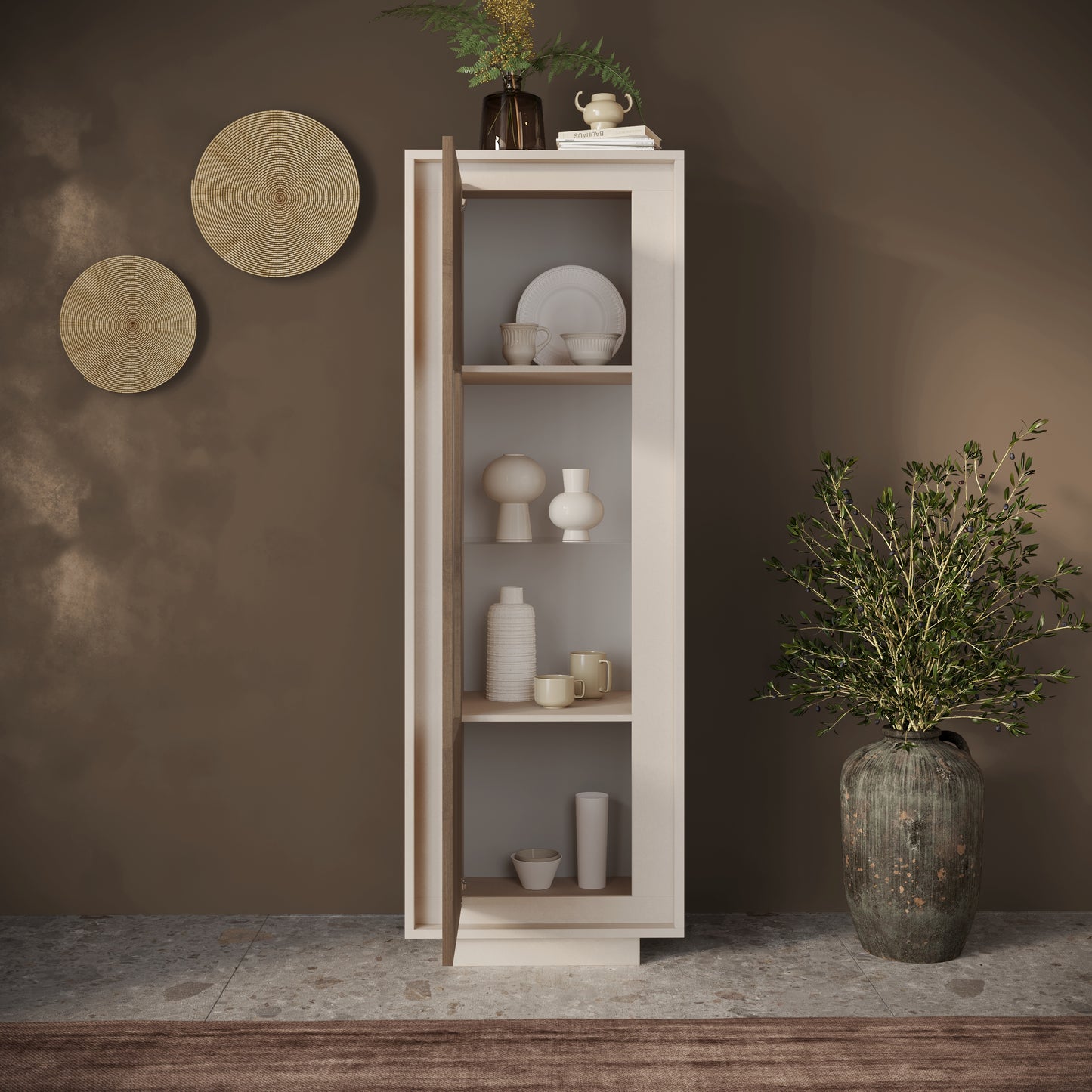 Berlin 1 Door 67cm Cashmere and Mercure Oak Glass Display Cabinet - FurniComp