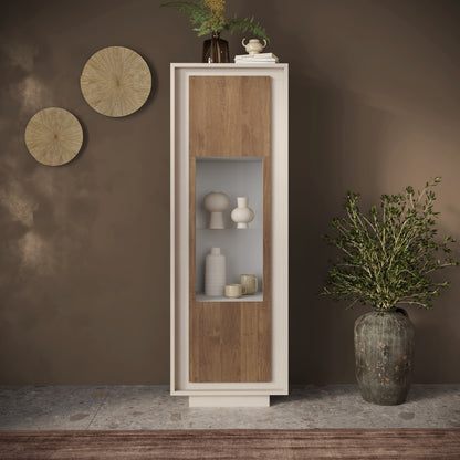 Berlin 1 Door 67cm Cashmere and Mercure Oak Glass Display Cabinet - FurniComp