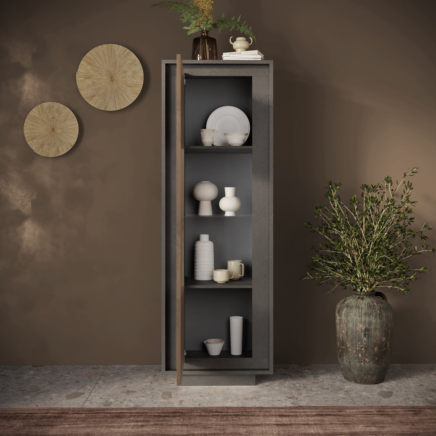 Berlin 1 Door 67cm Grey and Mercure Oak Glass Display Cabinet - FurniComp