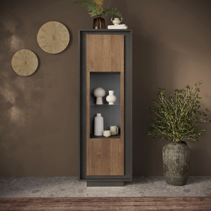 Berlin 1 Door 67cm Grey and Mercure Oak Glass Display Cabinet - FurniComp