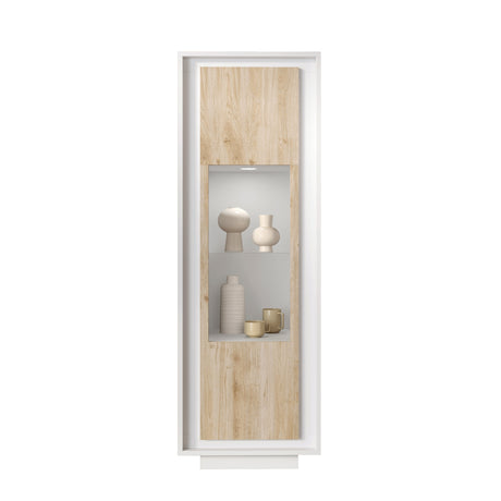 Berlin 1 Door 67cm Matt White and Cadiz Oak Glass Display Cabinet - FurniComp