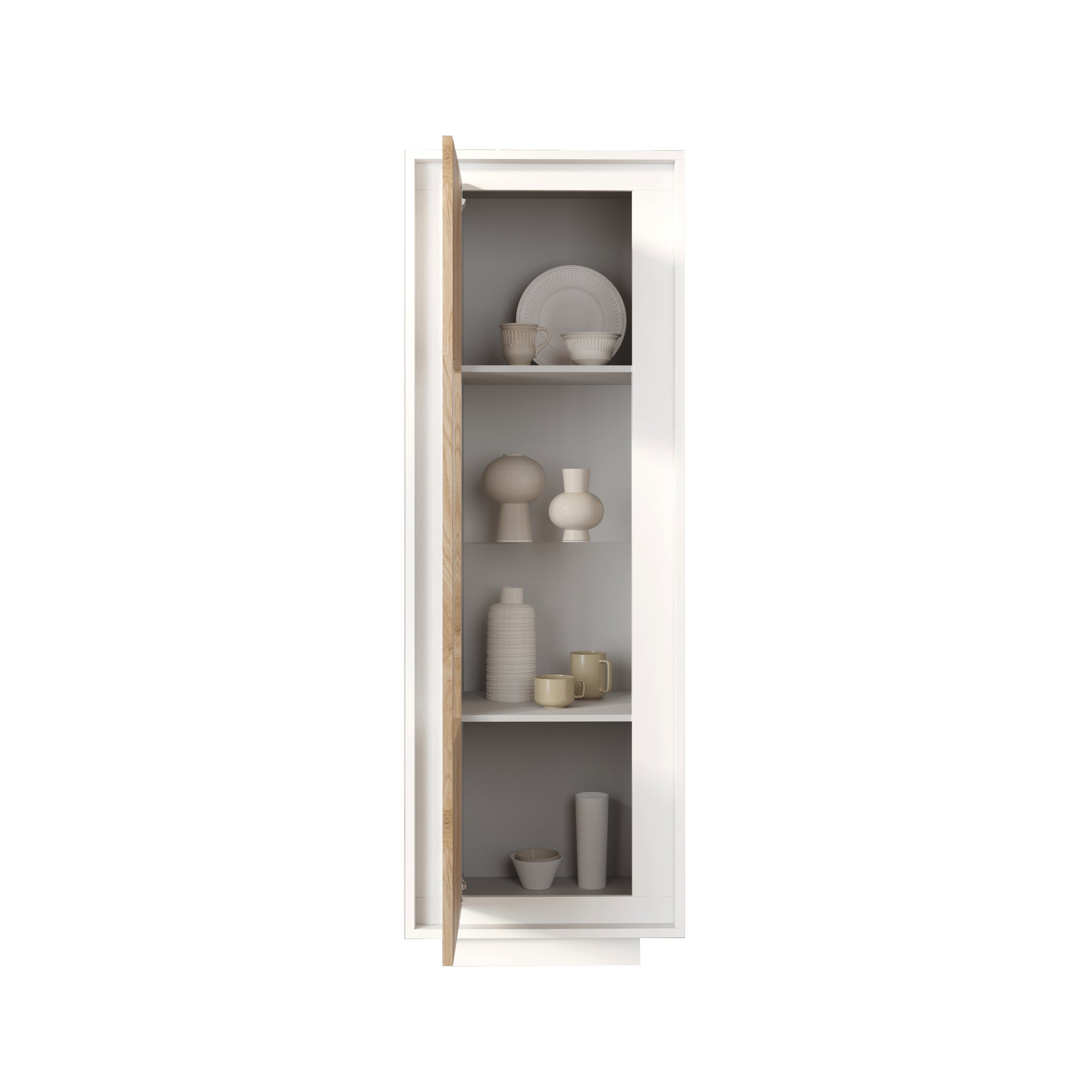 Berlin 1 Door 67cm Matt White and Cadiz Oak Glass Display Cabinet - FurniComp