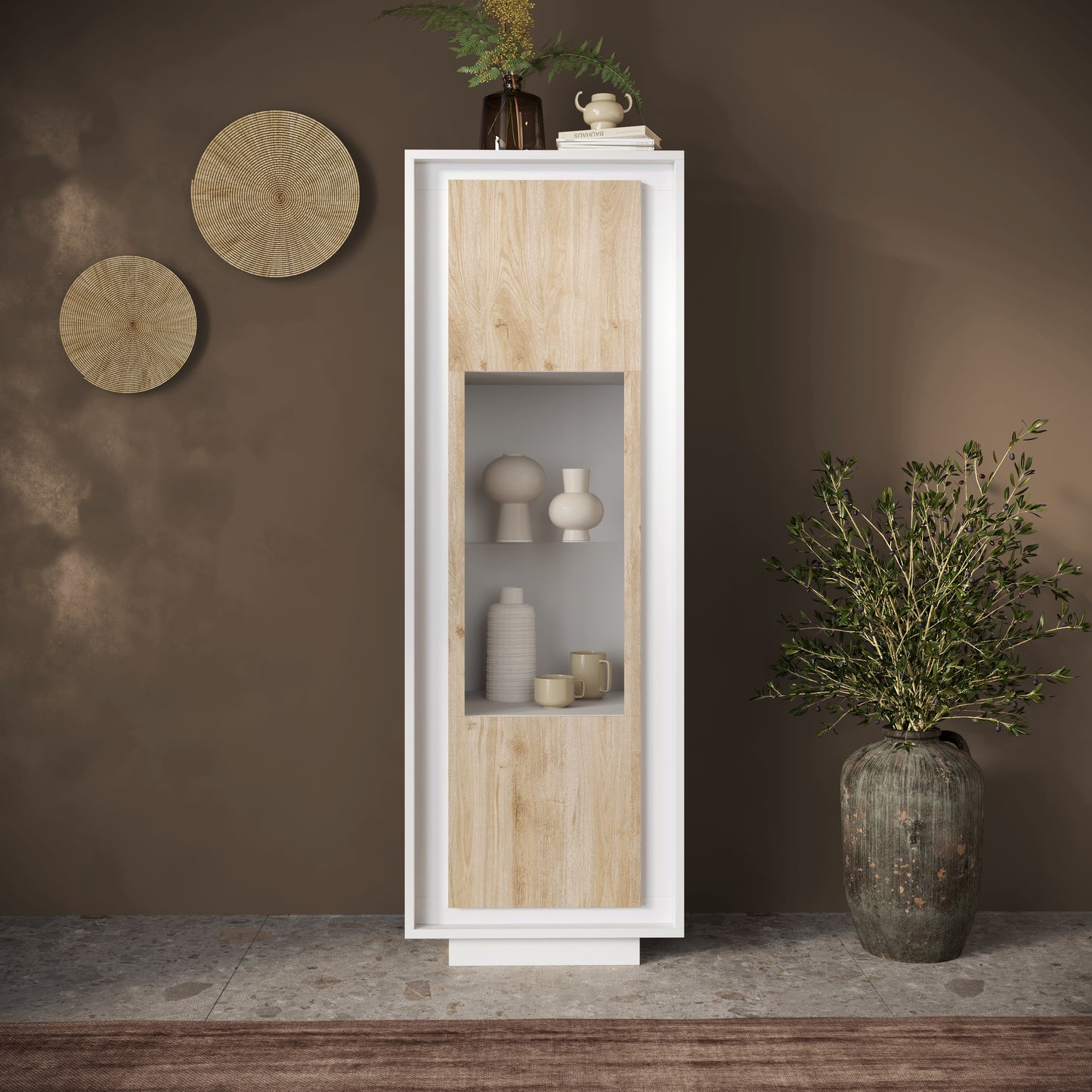 Berlin 1 Door 67cm Matt White and Cadiz Oak Glass Display Cabinet - FurniComp