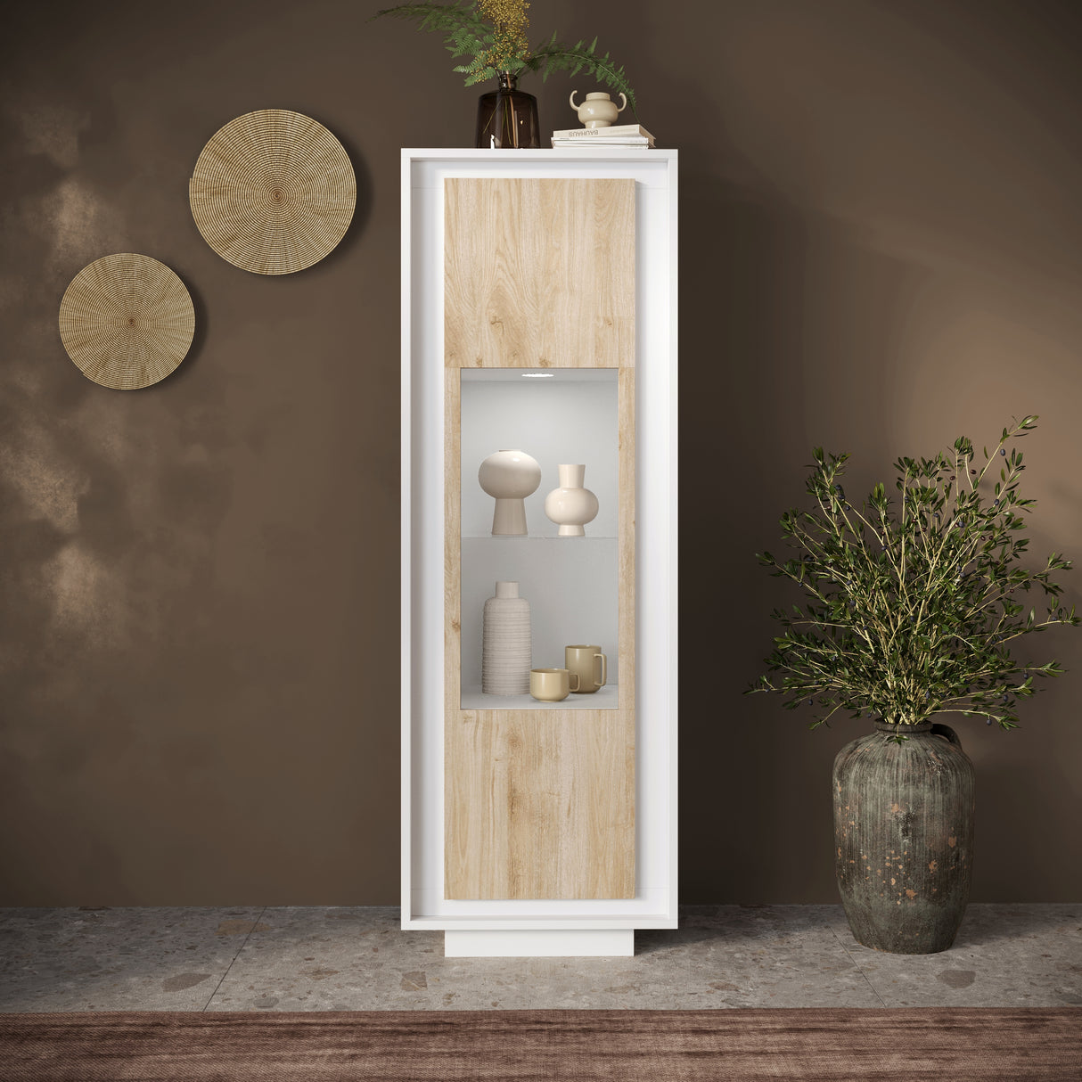 Berlin 1 Door 67cm Matt White and Cadiz Oak Glass Display Cabinet - FurniComp