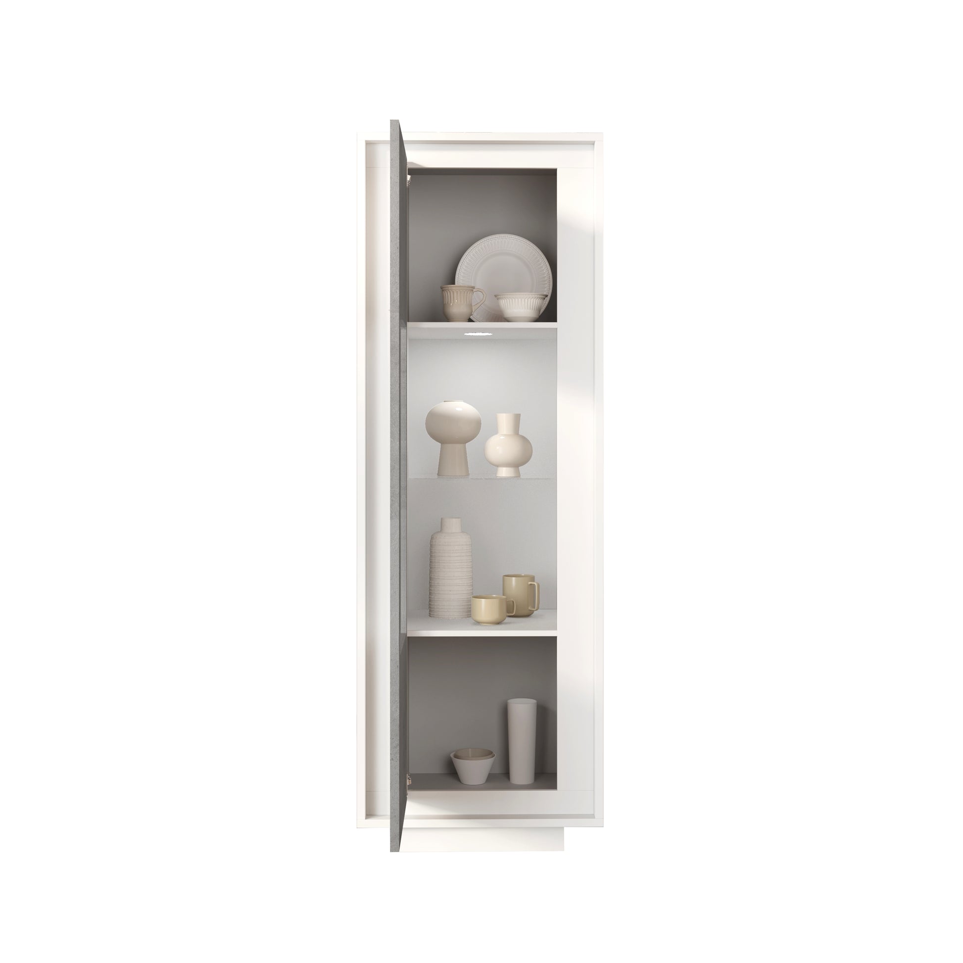 Berlin 1 Door 67cm Matt White and Concrete Grey Glass Display Cabinet - FurniComp