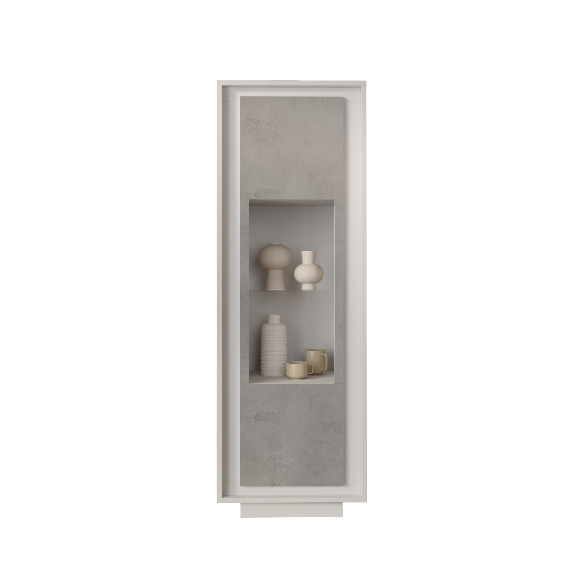 Berlin 1 Door 67cm Matt White and Concrete Grey Glass Display Cabinet - FurniComp