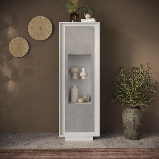 Berlin 1 Door 67cm Matt White and Concrete Grey Glass Display Cabinet - FurniComp