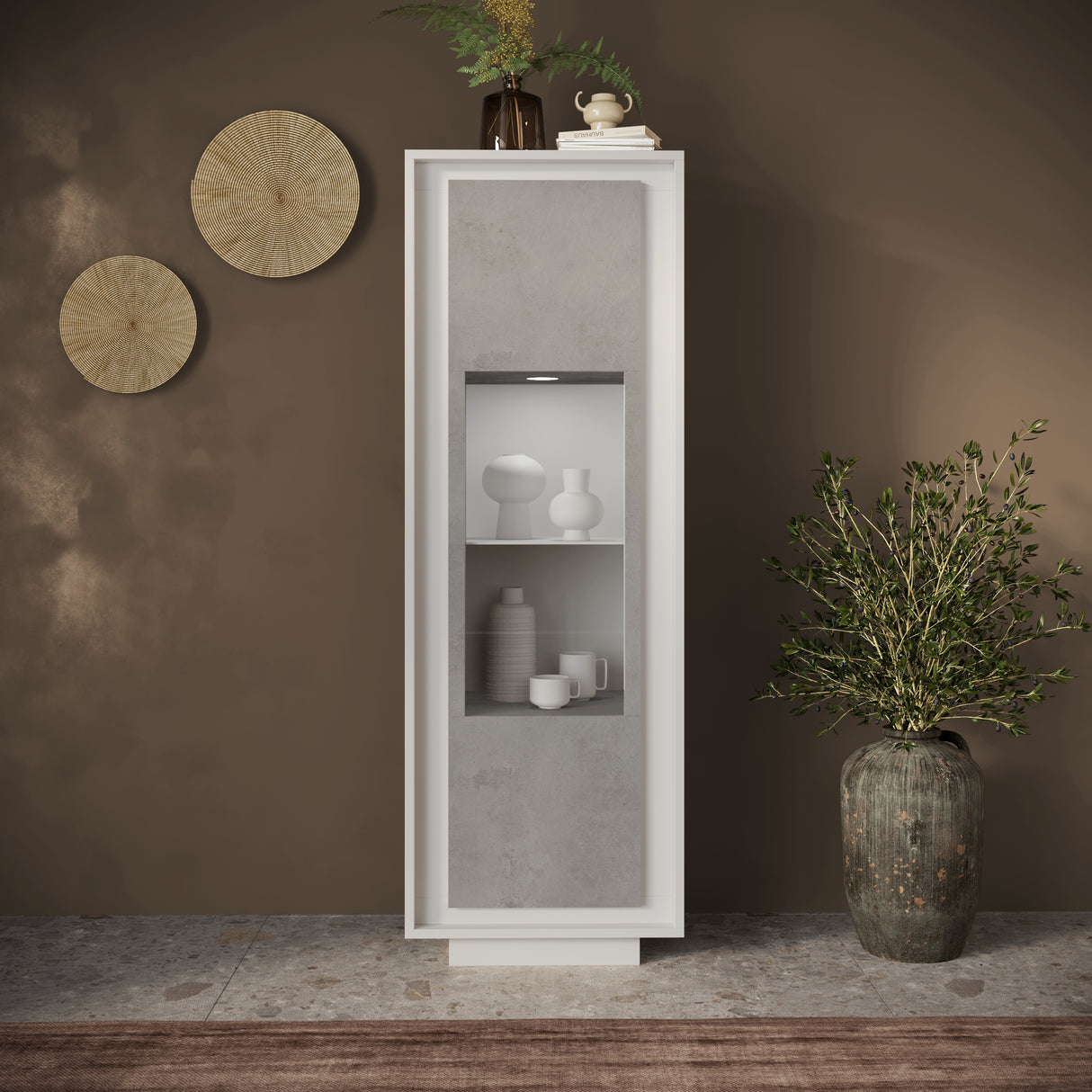 Berlin 1 Door 67cm Matt White and Concrete Grey Glass Display Cabinet - FurniComp