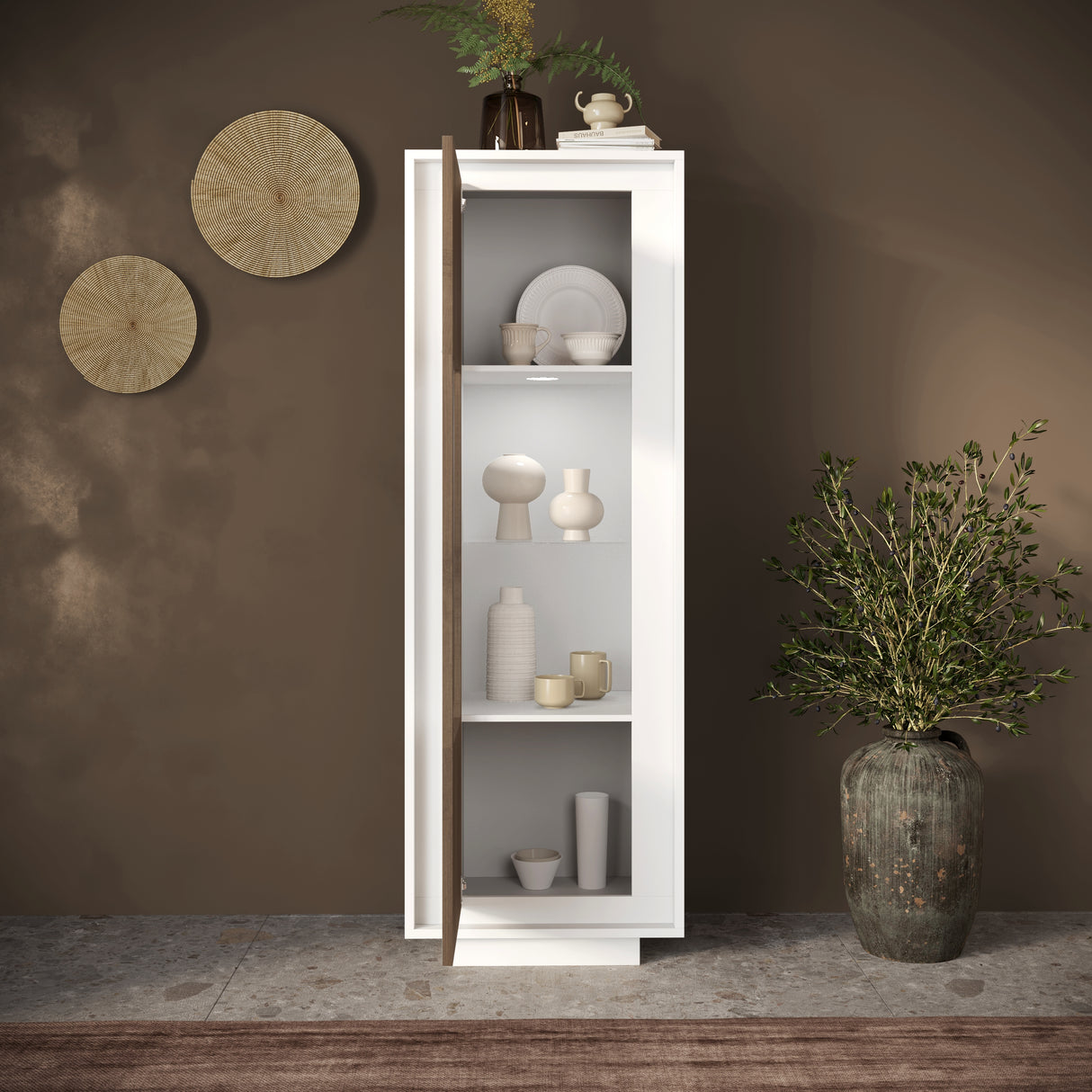 Berlin 1 Door 67cm Matt White and Mercure Oak Glass Display Cabinet - FurniComp