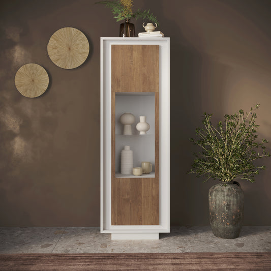 Berlin 1 Door 67cm Matt White and Mercure Oak Glass Display Cabinet - FurniComp