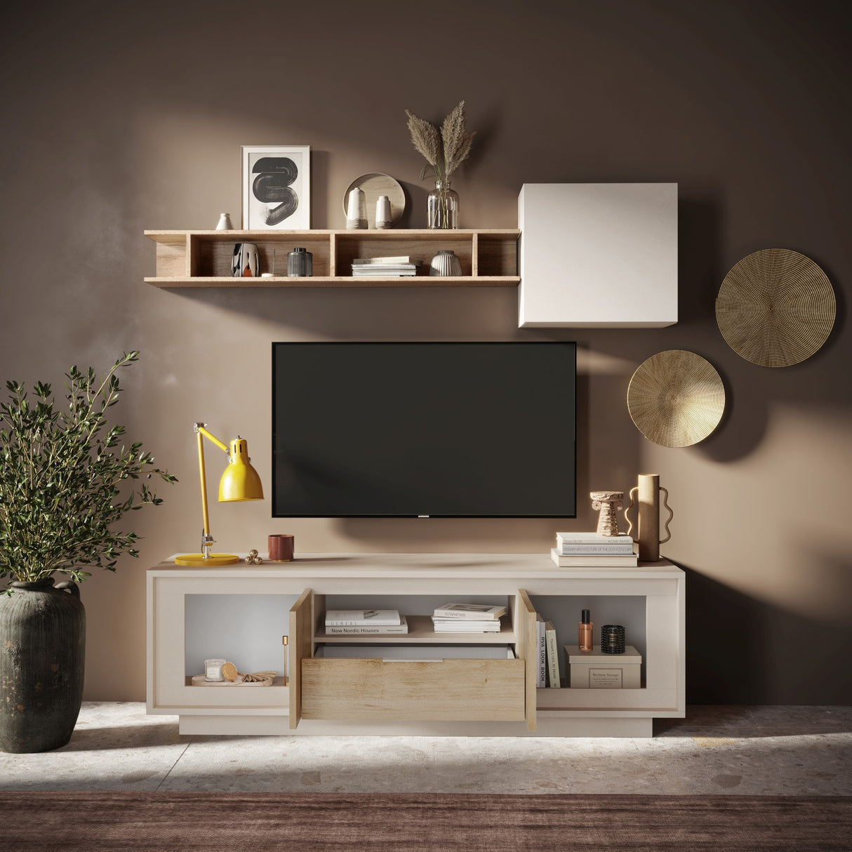Berlin 2 Door 1 Drawer 180cm Cashmere and Cadiz Oak TV Stand - FurniComp