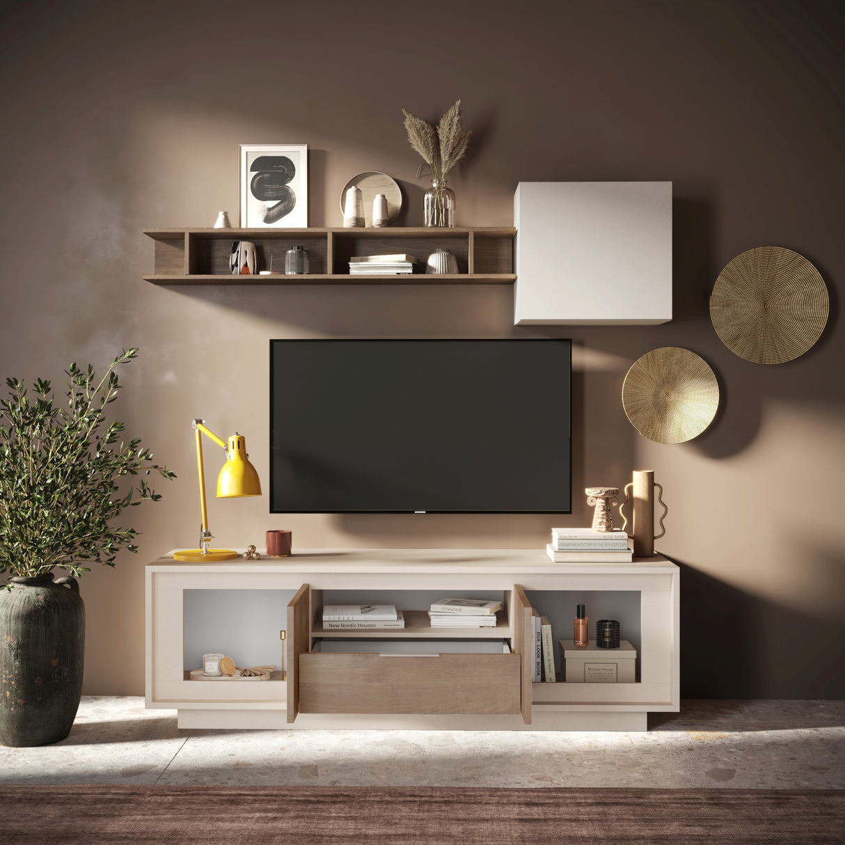 Berlin 2 Door 1 Drawer 180cm Cashmere and Mercure Oak TV Stand - FurniComp