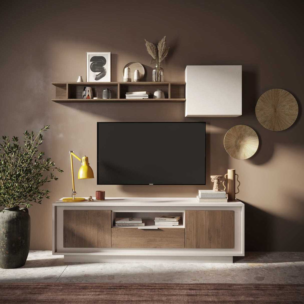 Berlin 2 Door 1 Drawer 180cm Cashmere and Mercure Oak TV Stand - FurniComp