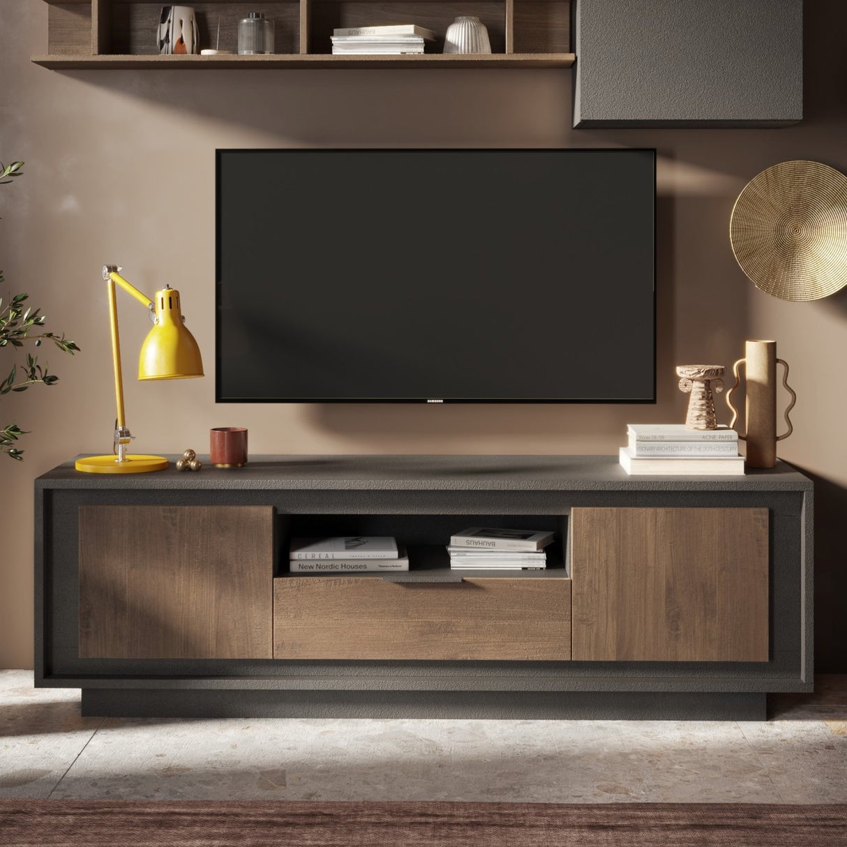 Berlin 2 Door 1 Drawer 180cm Grey and Mercure Oak TV Stand - FurniComp