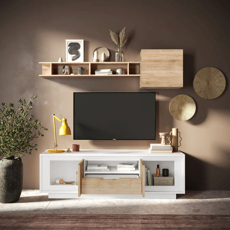 Berlin 2 Door 1 Drawer 180cm Matt White and Cadiz Oak Oak TV Stand - FurniComp