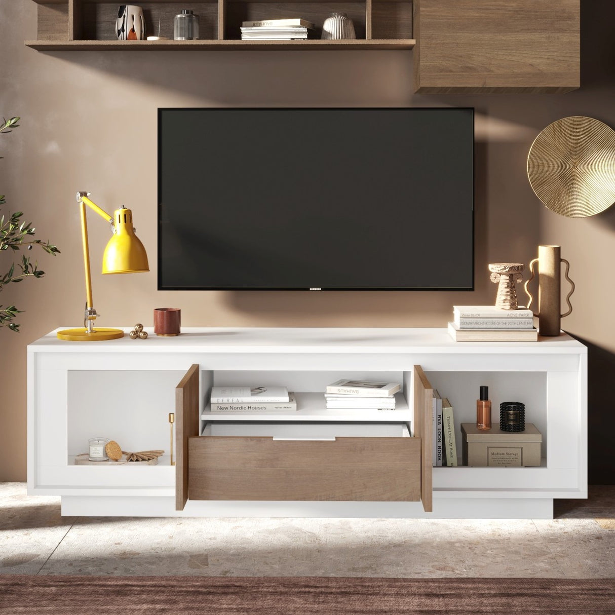 Berlin 2 Door 1 Drawer 180cm Matt White and Mercure Oak Oak TV Stand - FurniComp