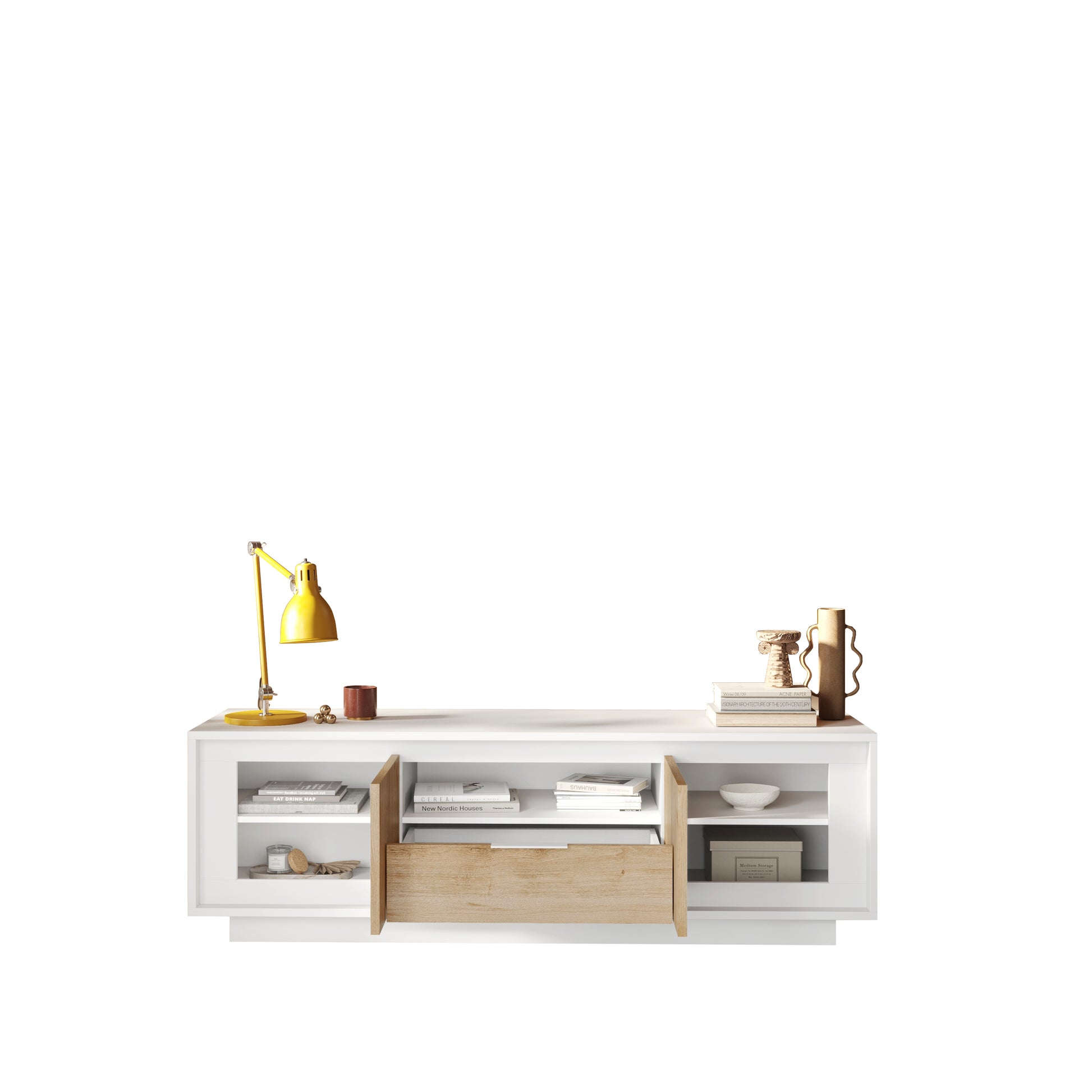 Berlin 2 Door 1 Drawer 180cm Matt White and Cadiz Oak Oak TV Stand - FurniComp