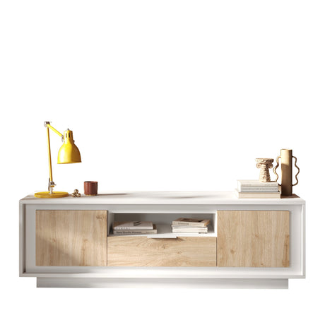 Berlin 2 Door 1 Drawer 180cm Matt White and Cadiz Oak Oak TV Stand - FurniComp