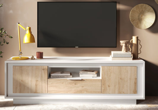 Berlin 2 Door 1 Drawer 180cm Matt White and Cadiz Oak Oak TV Stand - FurniComp