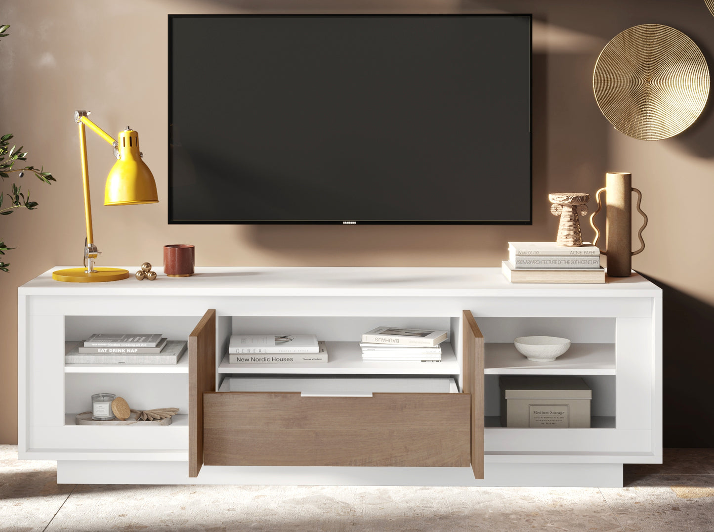 Berlin 2 Door 1 Drawer 180cm Matt White and Mercure Oak Oak TV Stand - FurniComp