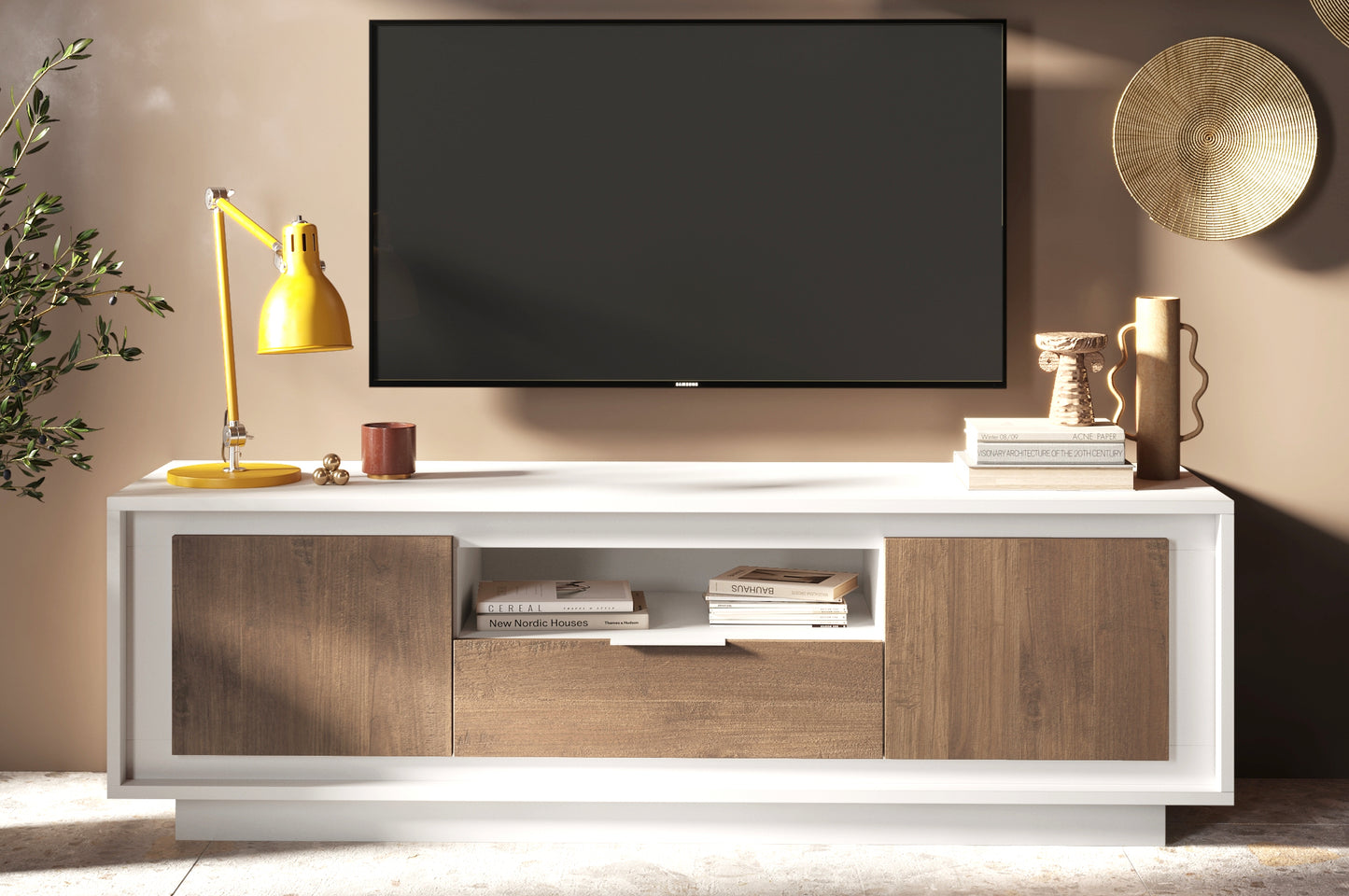 Berlin 2 Door 1 Drawer 180cm Matt White and Mercure Oak Oak TV Stand - FurniComp