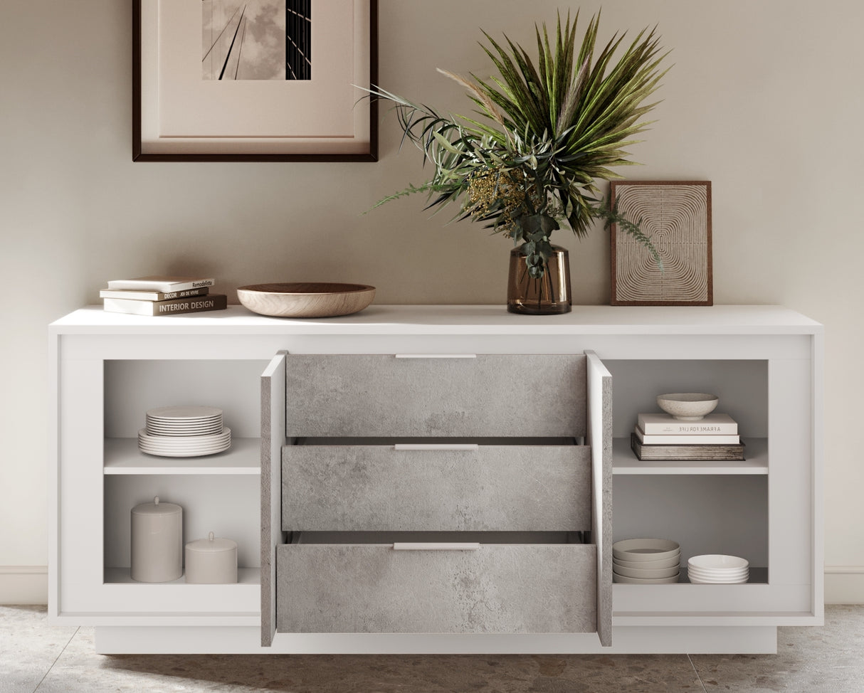 Berlin 2 Door 3 Drawer 180cm Matt White and Concrete Grey Sideboard - FurniComp