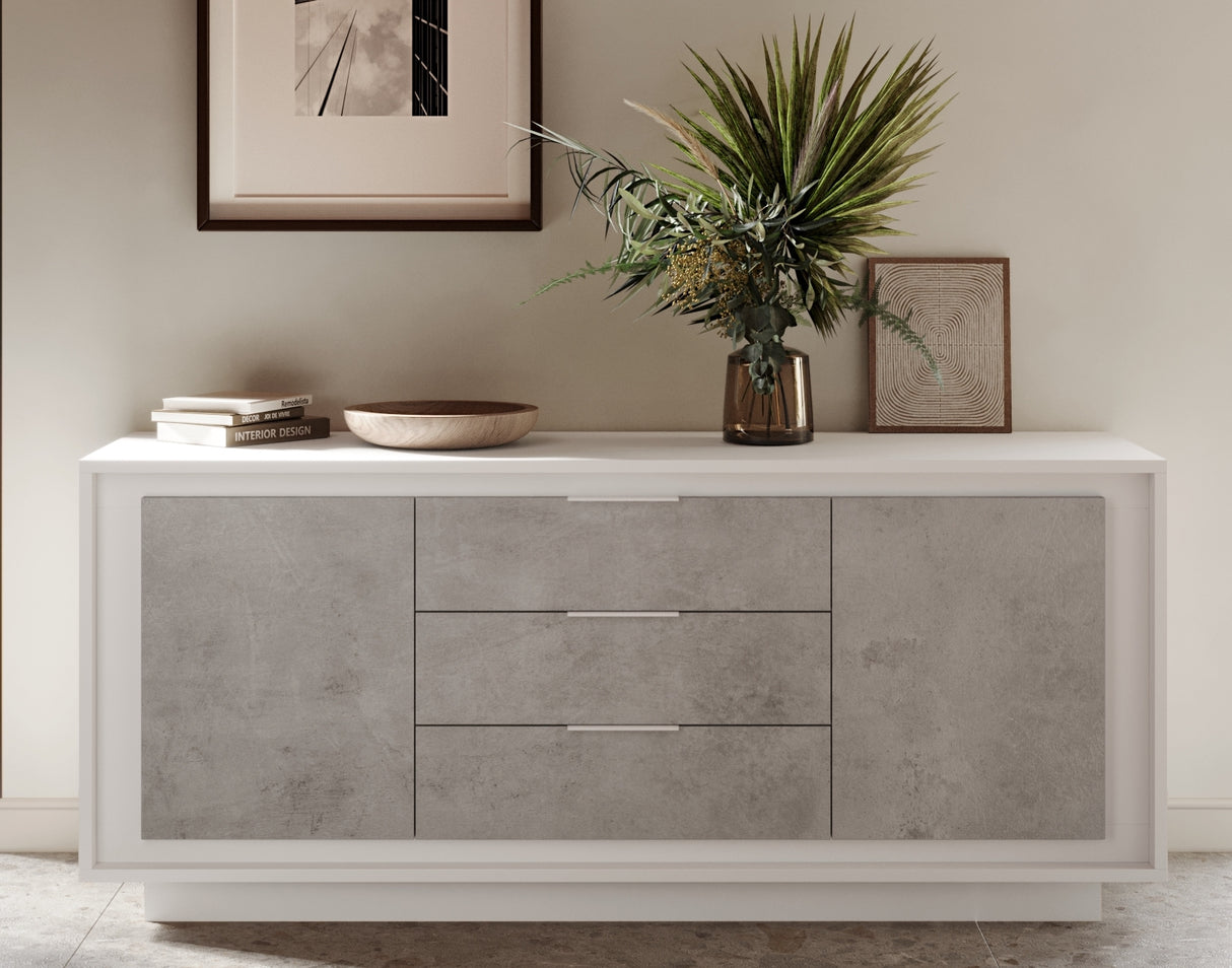 Berlin 2 Door 3 Drawer 180cm Matt White and Concrete Grey Sideboard - FurniComp