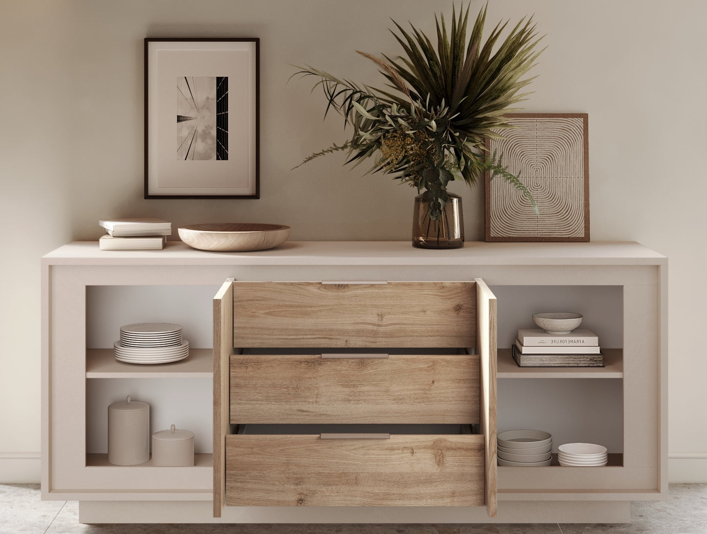 Berlin 2 Door 3 Drawer 180cm Cashmere and Cadiz Oak Sideboard - FurniComp