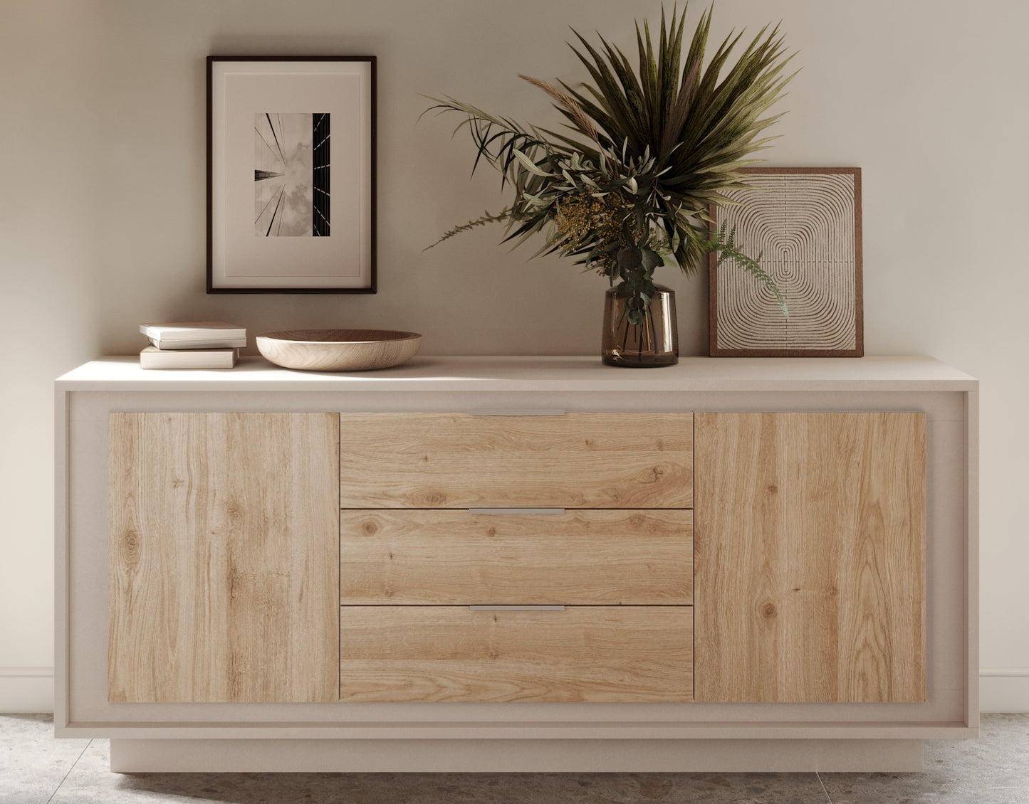 Berlin 2 Door 3 Drawer 180cm Cashmere and Cadiz Oak Sideboard - FurniComp