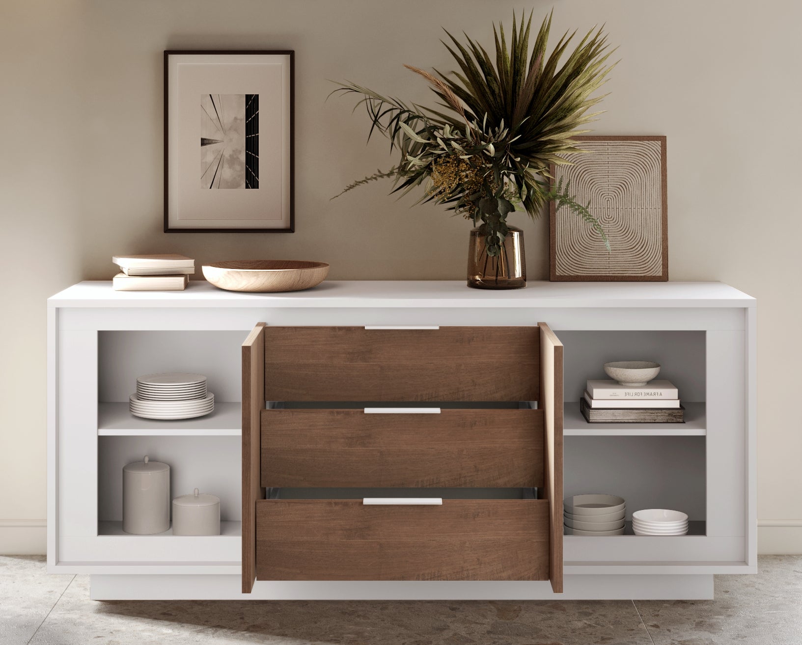 Berlin 2 Door 3 Drawer 180cm Matt White and Mercure Oak Sideboard - FurniComp