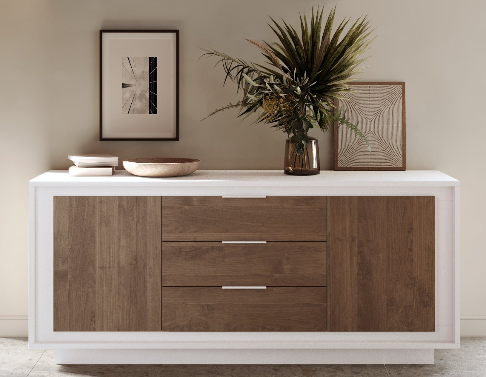 Berlin 2 Door 3 Drawer 180cm Matt White and Mercure Oak Sideboard - FurniComp