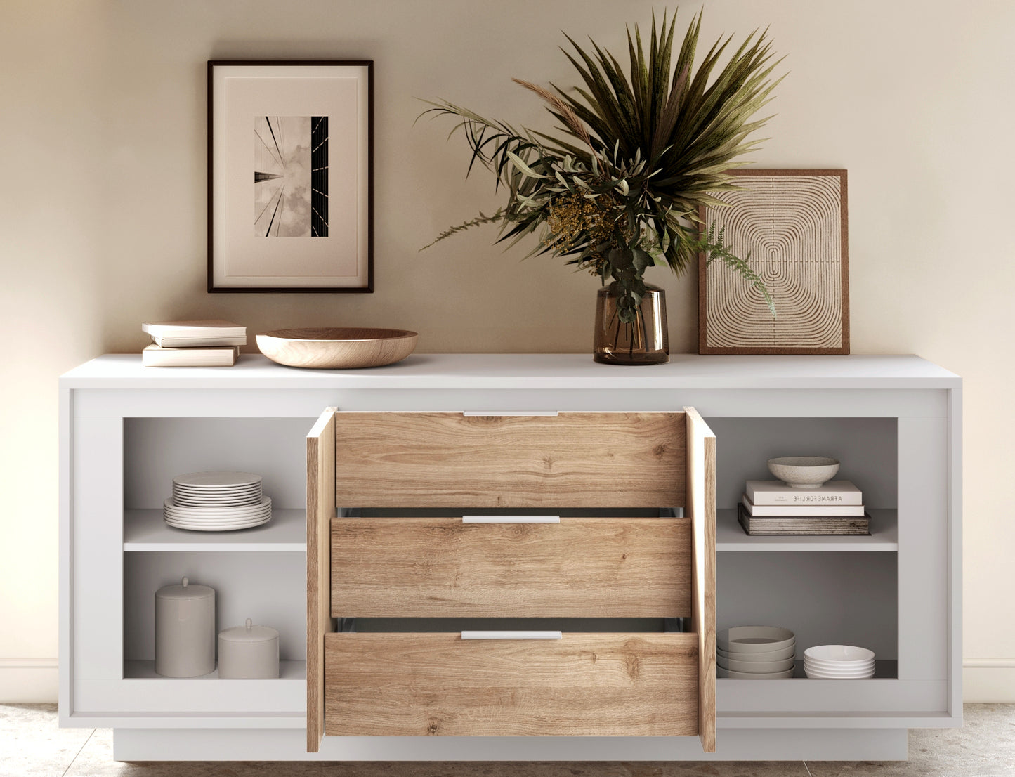 Berlin 2 Door 3 Drawer 180cm Matt White and Cadiz Oak Sideboard - FurniComp