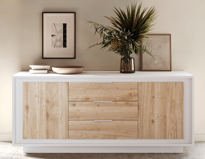 Berlin 2 Door 3 Drawer 180cm Matt White and Cadiz Oak Sideboard - FurniComp