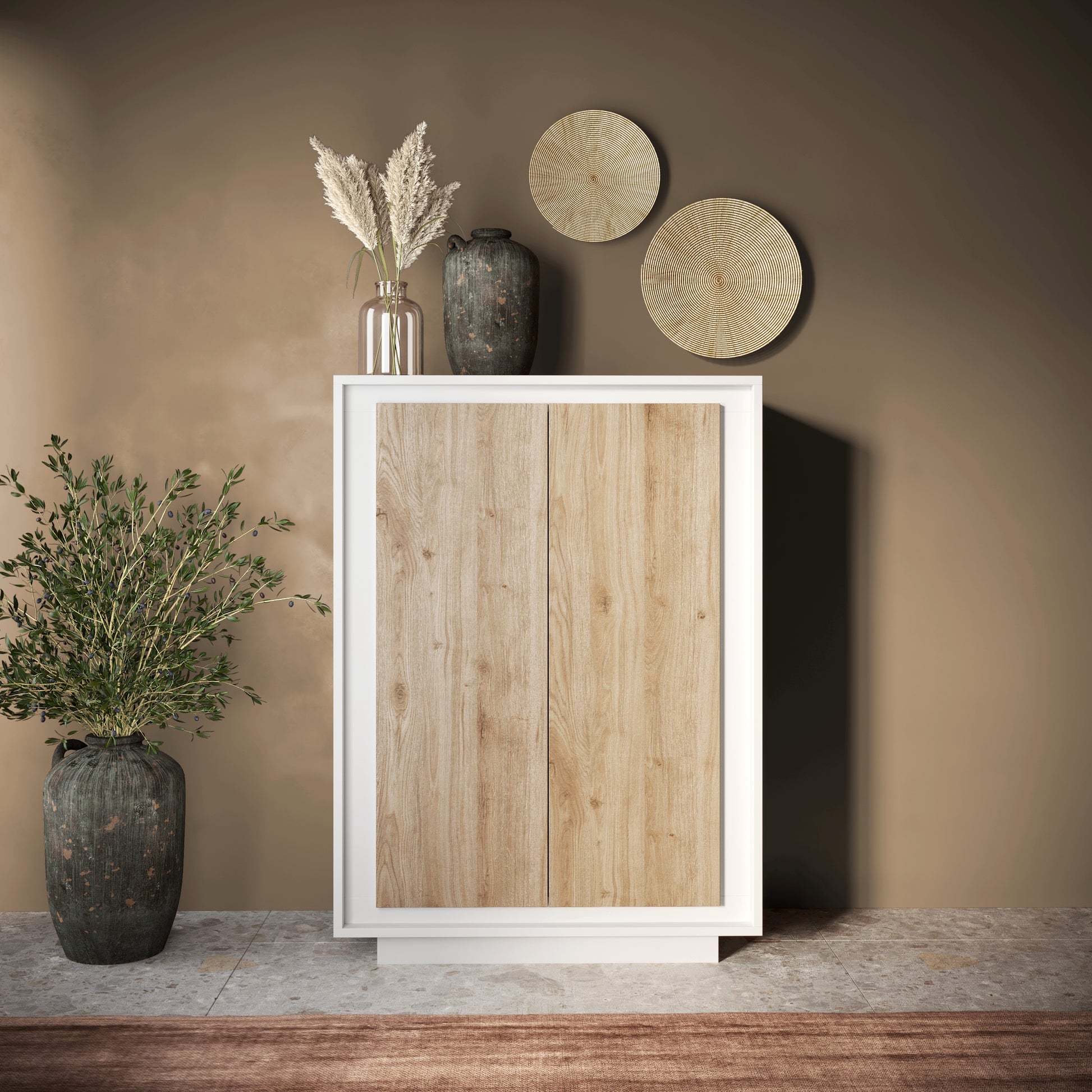 Berlin 2 Door 106cm Matt White and Cadiz Oak Highboard/Tall Sideboard - FurniComp