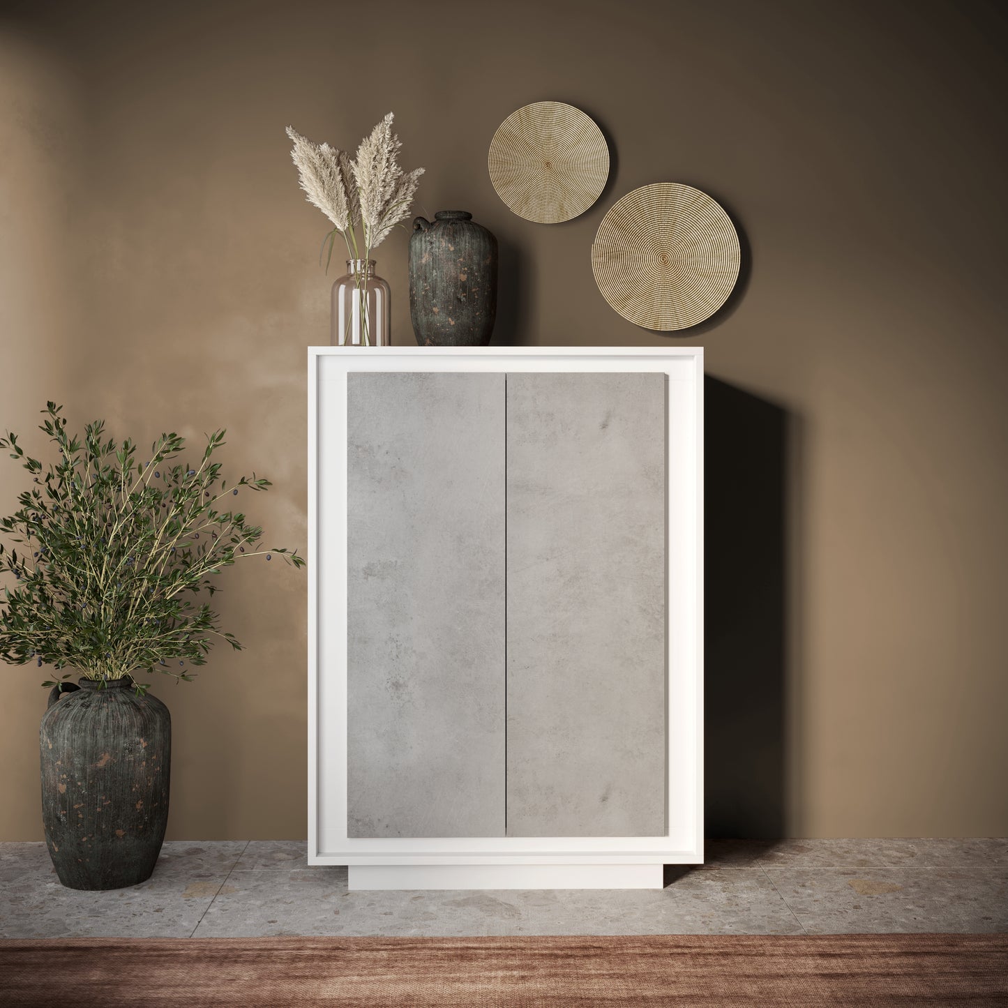 Berlin 2 Door 106cm Matt White and Concrete Grey Highboard/Tall Sideboard - FurniComp