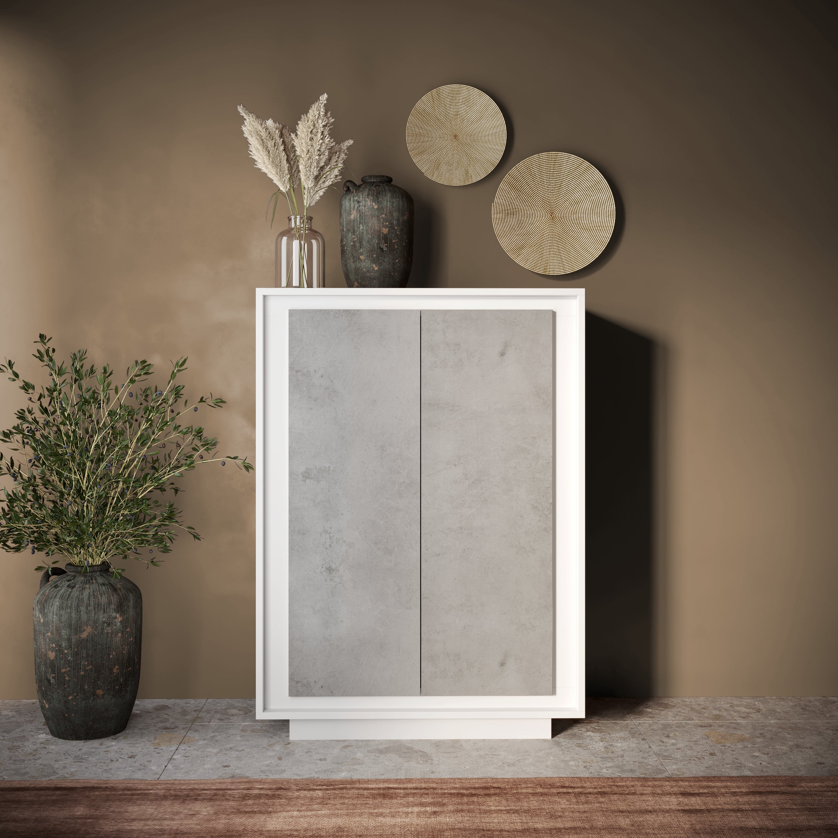 Berlin 2 Door 106cm Matt White and Concrete Grey Highboard/Tall Sideboard - FurniComp